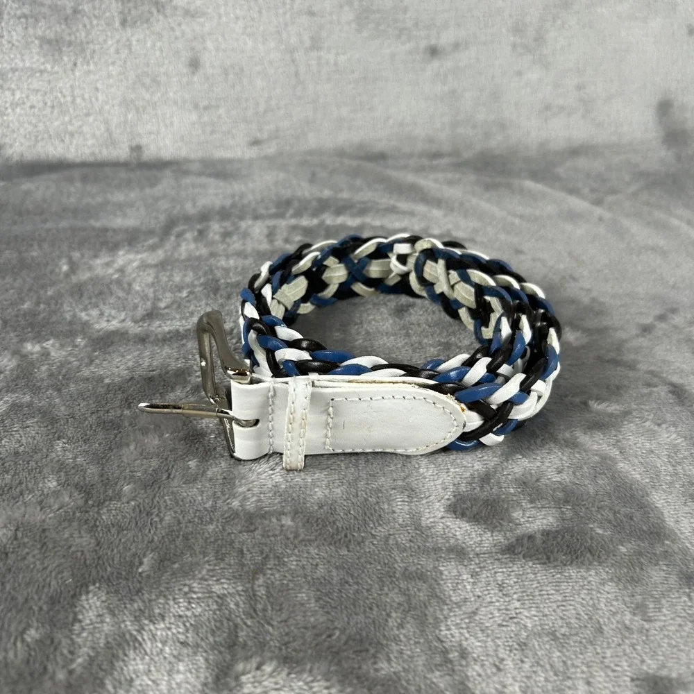 Talbots Womens Small Braided Leather Belt Blue White Brown Woven 6023